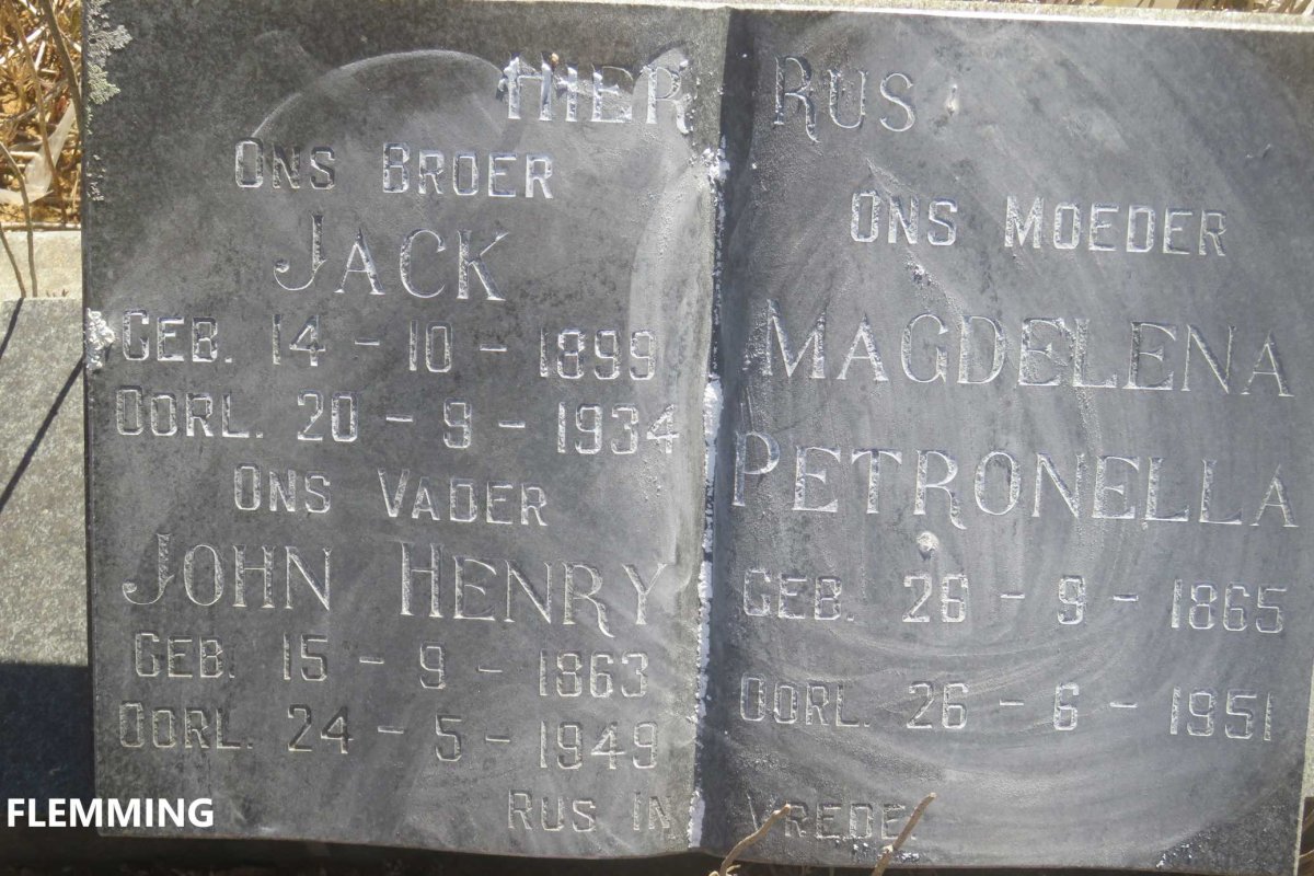 FLEMING John Henry 1863-1949 &amp; Magdalena Petronella 1865-1951 :: FLEMING Jack 1899-1934