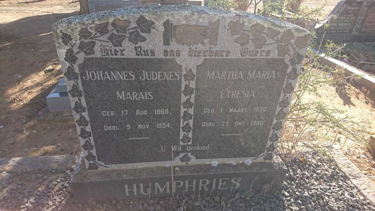 HUMPHRIES Johannes Judenes Marais 1889-1934 &amp; Martha Maria Etresia 1890-1960