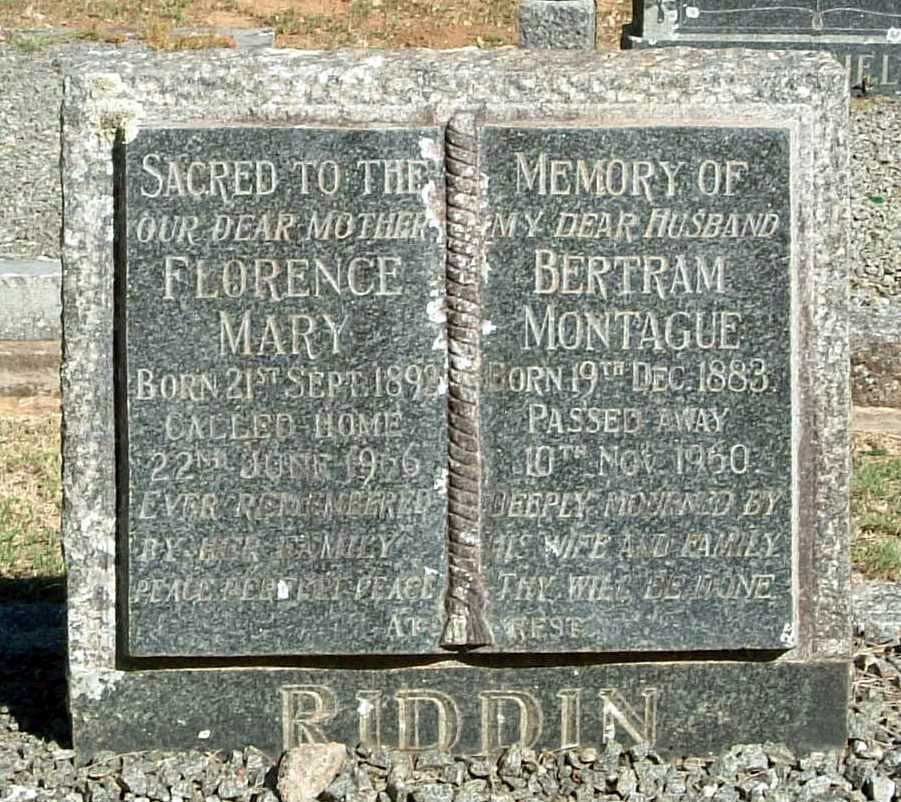 RIDDIN Bertram Montague 1883-1960 &amp; Florence Mary 1892-1956