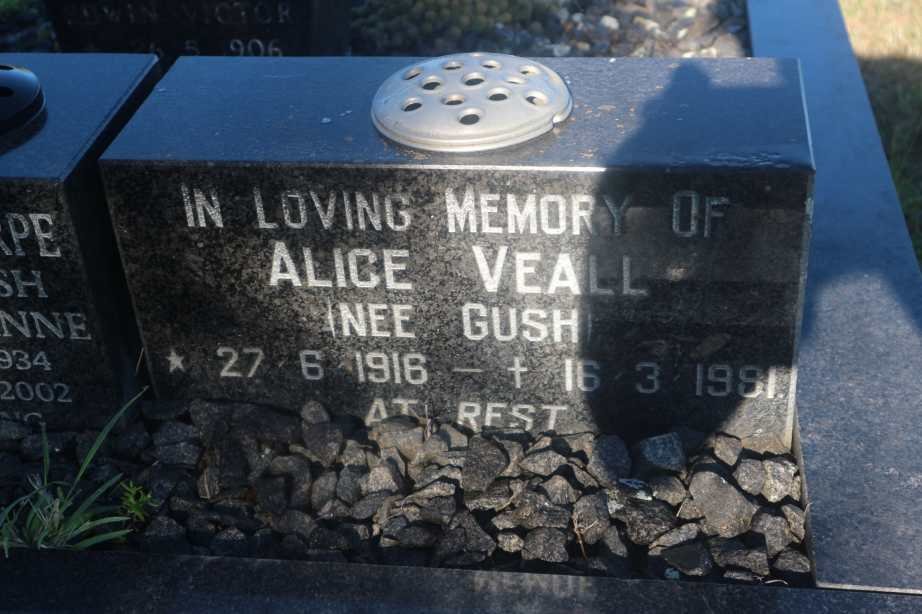 VEALL Alice nee GUSH 1916-1981 :: DE LA HARPE Hubert Charles 1930-1980 &amp; Sheila Anne GUSH 1934-2002