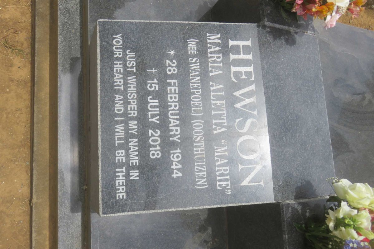 HEWSON Maria Aletta previously OOSTHUIZEN nee SWANEPOEL 1944-2018