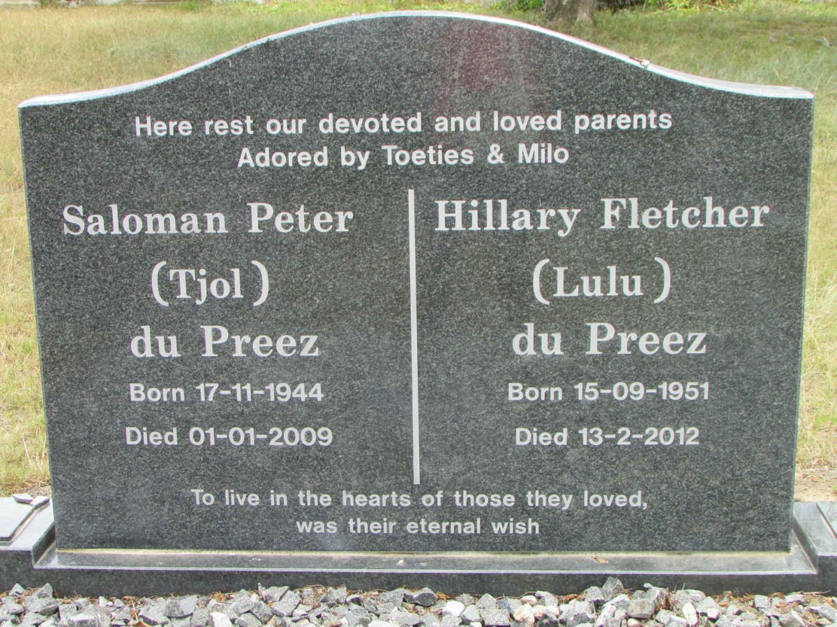 PREEZ Saloman Peter, du 1944-2009 &amp; Hillary Fletcher 1951-2012