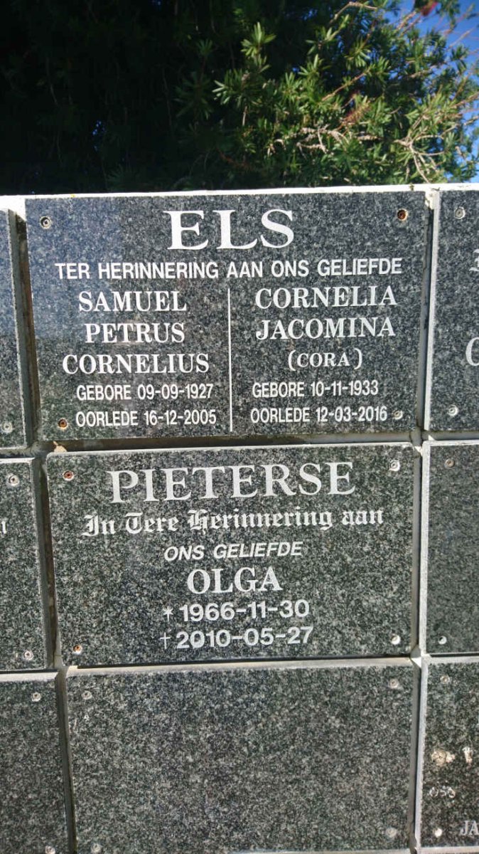 ELS Samuel Petrus Cornelius 1927-2005 &amp; Cornelia Jacomina 1933-2016 :: PIETERSE Olga 1966-2010