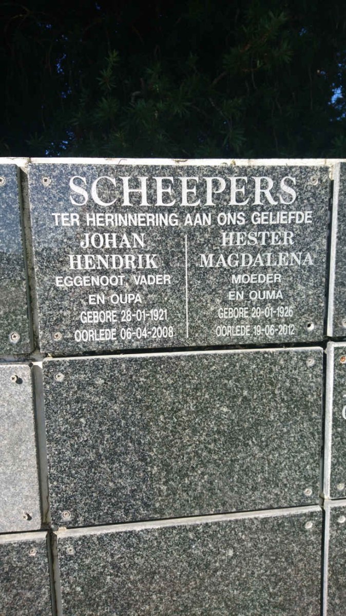 SCHEEPERS Johan Hendrik 1921-2008 &amp; Hester Magdalena 1926-2012