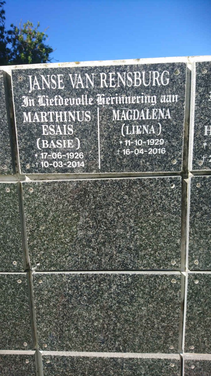 RENSBURG Marthinus Esias, Janse van 1926-2014 &amp; Magdalena 1929-2016