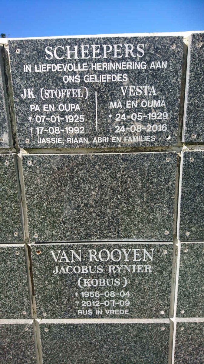SCHEEPERS J.K. 1925-1992 &amp; Vesta 1929-2016 :: ROOYEN Jacobus Rynier, van 1956-2012