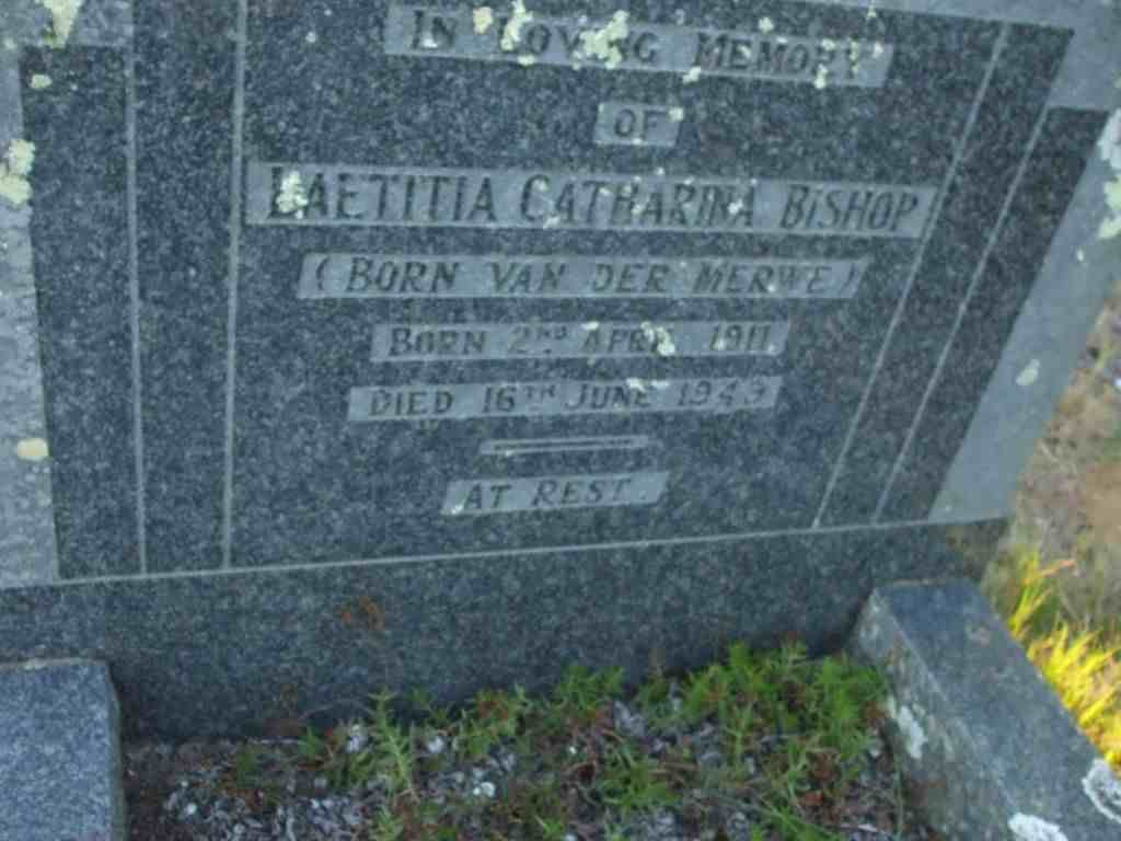 BISHOP Laetitia Catharina nee VAN DER MERWE  1911-1949