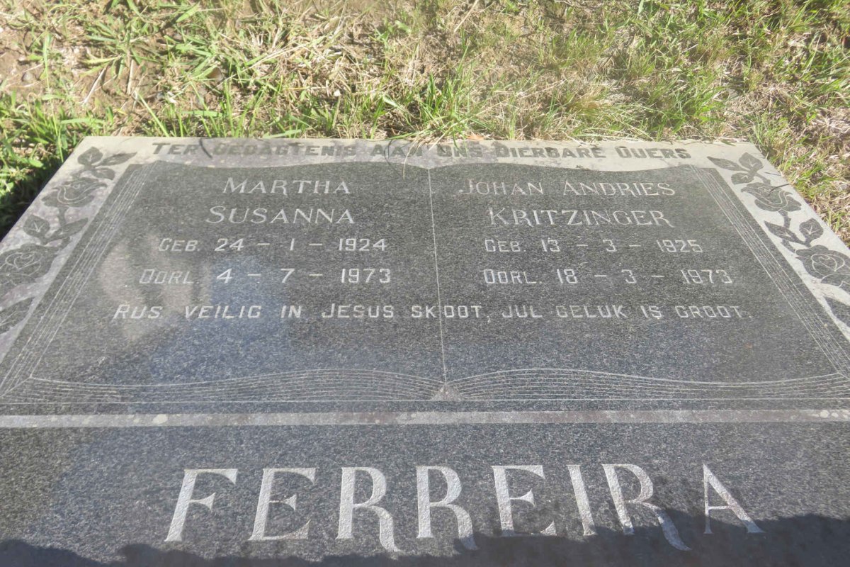 FERREIRA Johan Andries Kritzinger 1925-1973 &amp; Martha Susanna 1924-1973