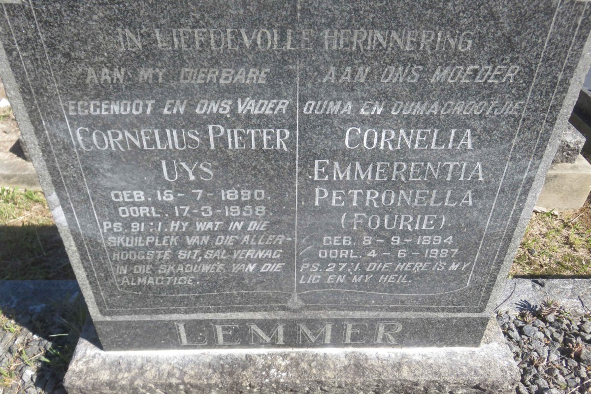 LEMMER Cornelius Pieter Uys 1890-1958 &amp; Cornelia Emmerentia Petronella FOURIE 1894-1987