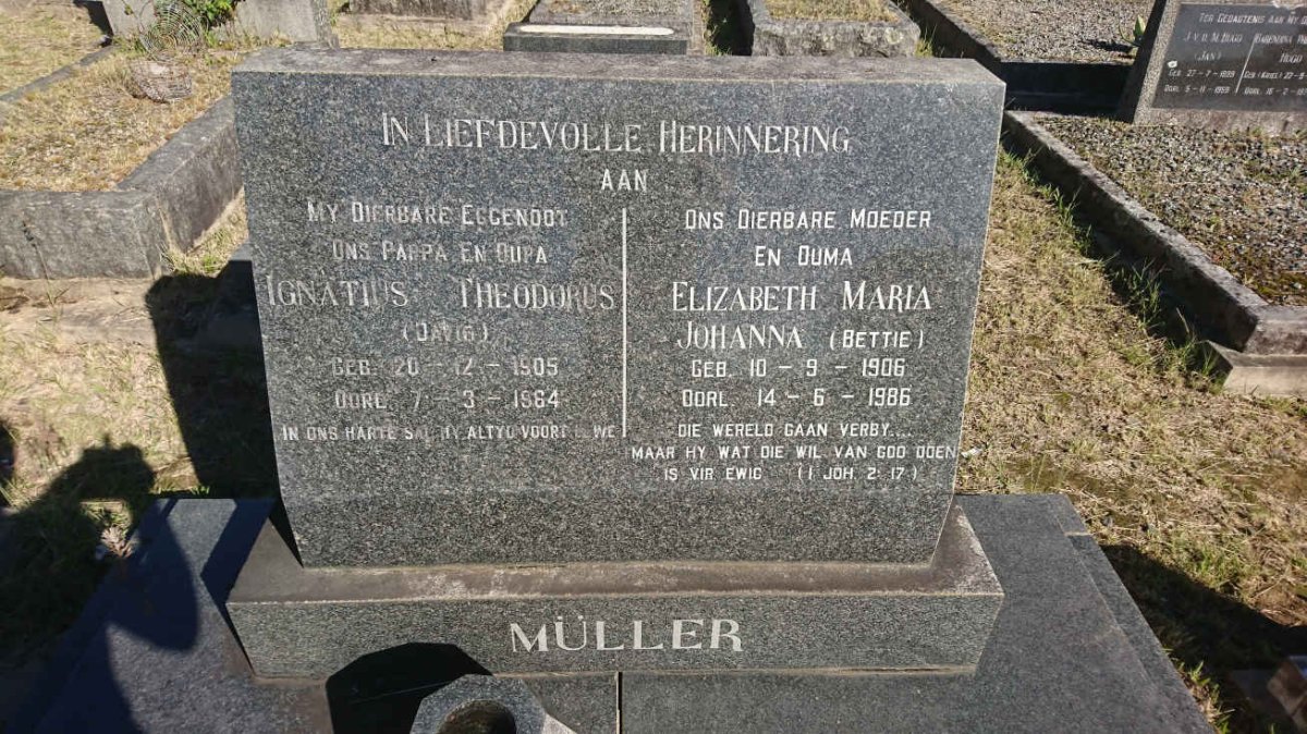 MÜLLER Ignatius Theodorus 1905-1964 &amp; Elizabeth Maria Johanna 1906-1986