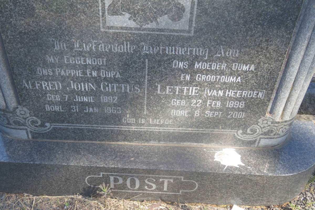 POST Alfred John Gittus 1892-1963 &amp; Lettie VAN HEERDEN 1898-2001