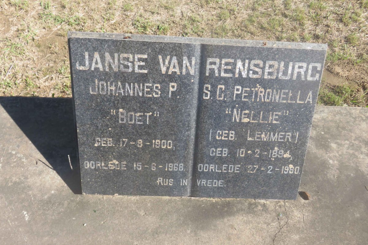 RENSBURG Johannes P., Janse van 1900-1968 &amp; S.C. Petronella LEMMER 1894-1980