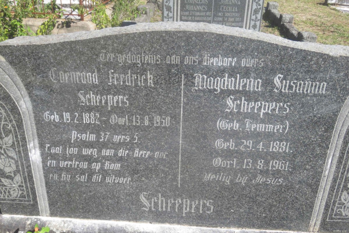 SCHEEPERS Coenraad Fredrick 1882-1950 &amp; Magdalena Susanna LEMMER 1881-1961