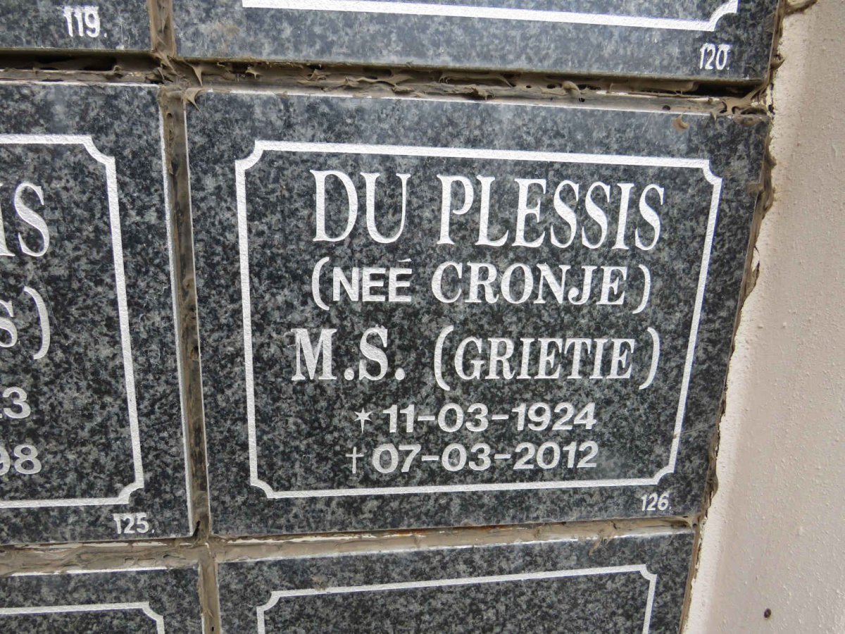 PLESSIS M.S., du nee CRONJE 1924-2012