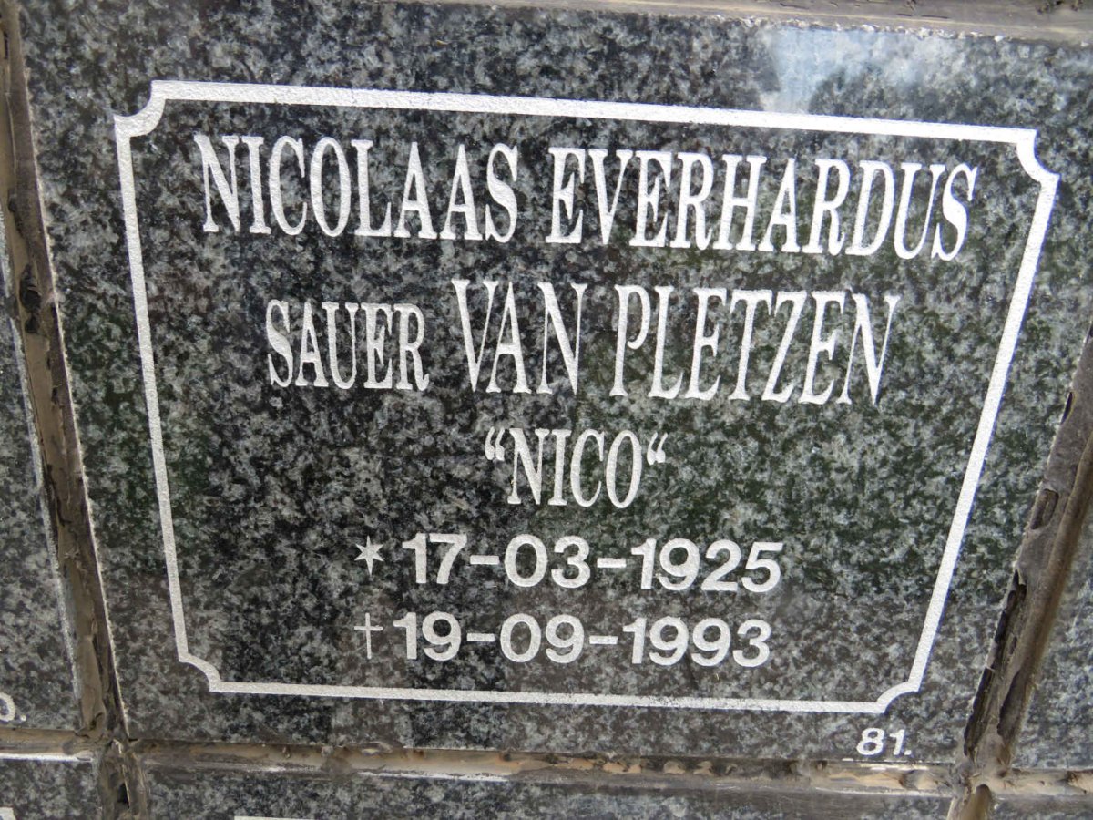 PLETZEN Nicolaas Everhardus Sauer, van 1925-1993