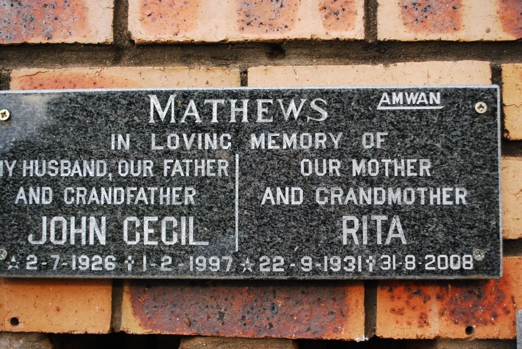 MATHEWS John Cecil 1926-1997 &amp; Rita 1931-2008