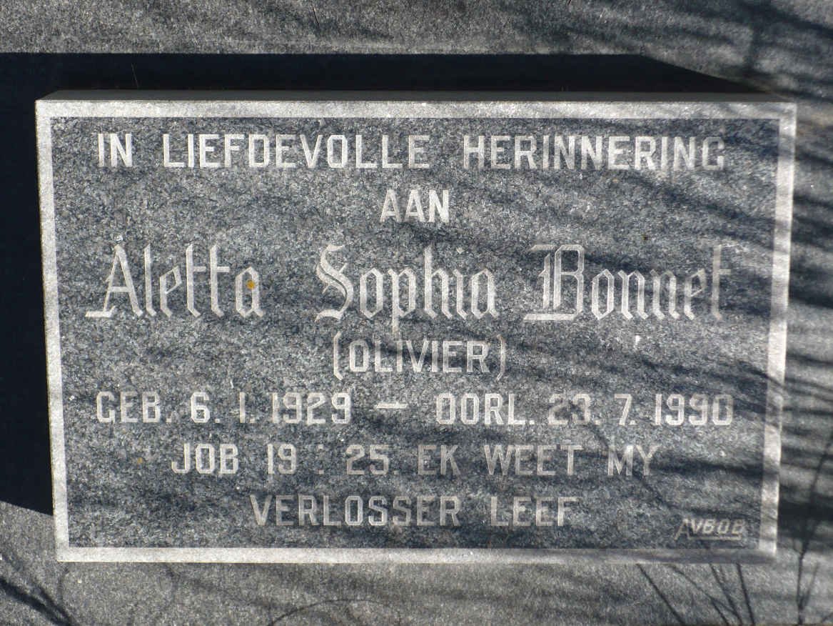 BONNET Aletta Sophia nee OLIVIER 1929-1990