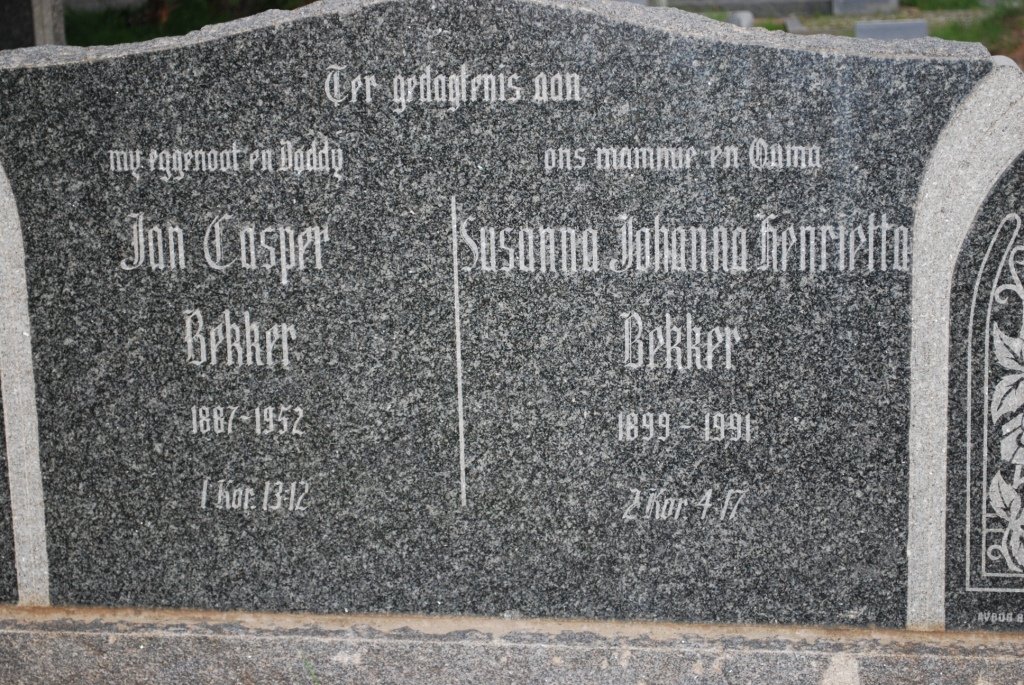 BEKKER Jan Casper 1887-1962 &amp; Susanna Johanna Henrietta 1899-1991