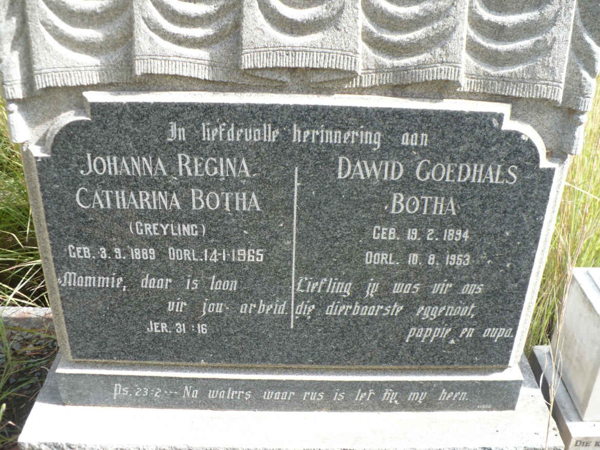 BOTHA Dawid Goedhals 1894-1953 &amp; Johanna Regina Catharina GREYLING 1889-1965