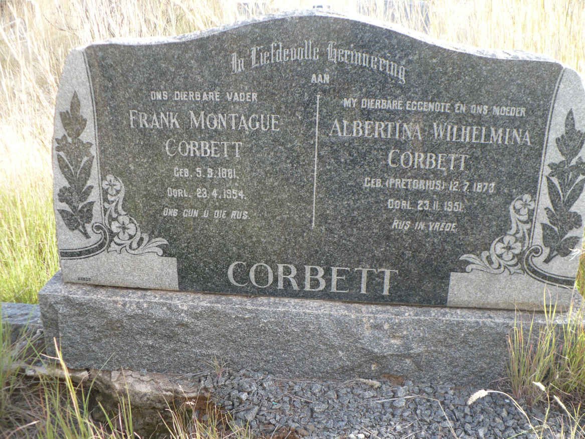 CORBETT Frank Montague 1881-1954 &amp; Albertina Wilhelmina PRETORIUS 1873-1951