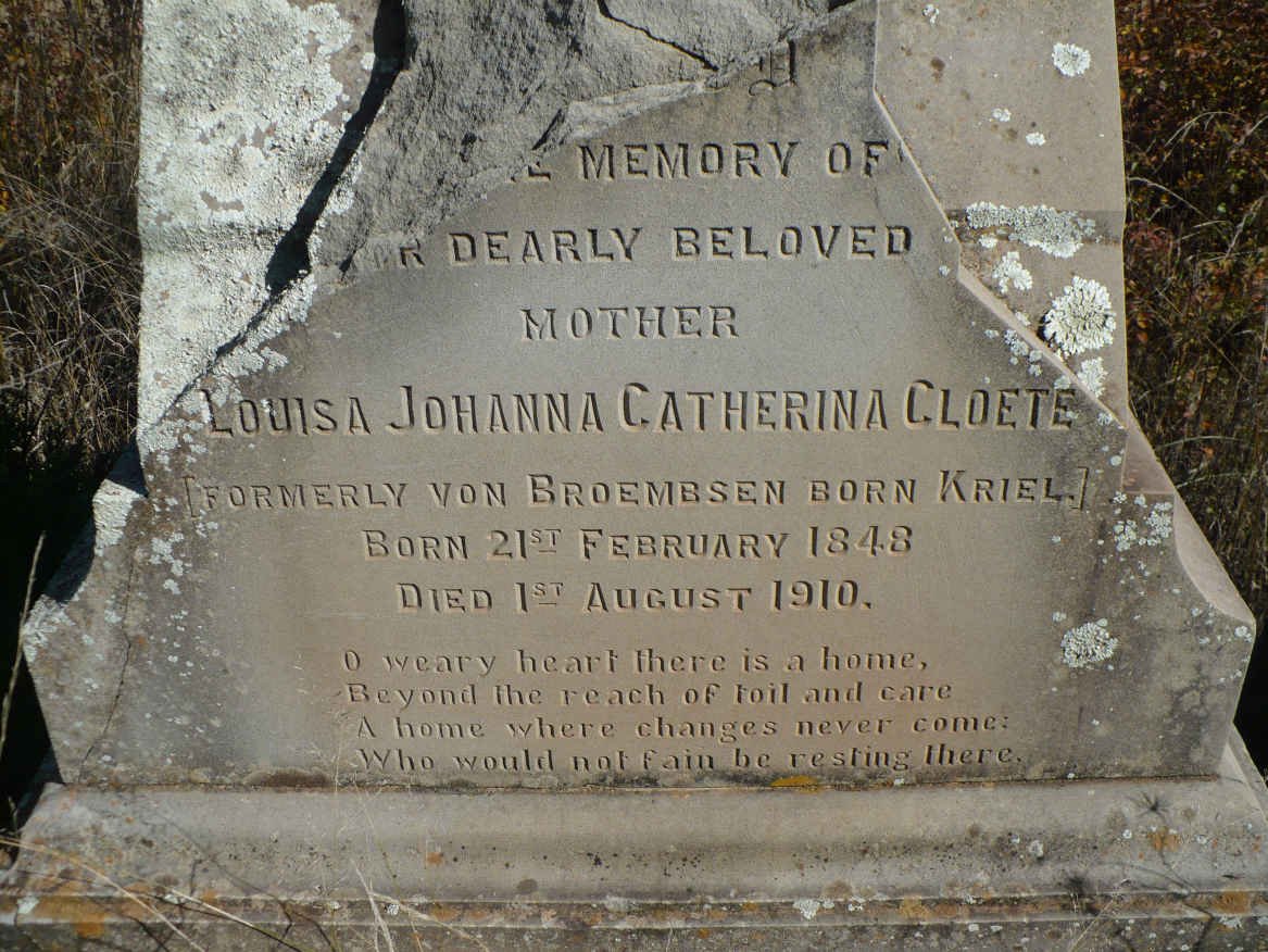 CLOETE Louisa Johanna Catherina formerly VON BROEMBSEN nee KRIEL 1848-1910