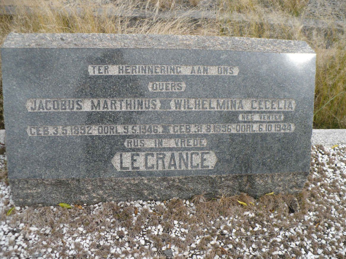 GRANGE Jacobus Marthinus, le 1892-1946 &amp; Wilhelmina Cecelia VENTER 1896-1944