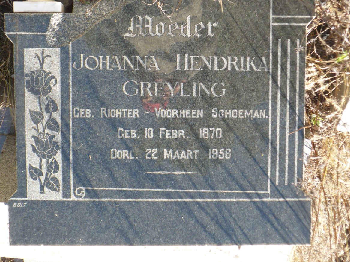 GREYLING Johanna Hendrika voorheen SCHOEMAN nee RICHTER 1870-1956