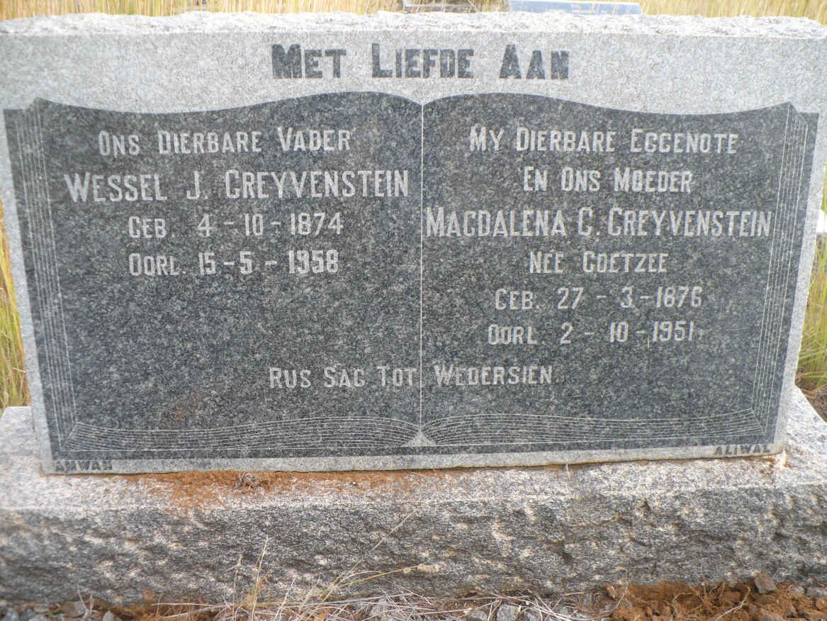GREYVENSTEIN Wessel J. 1874-1958 &amp; Magdalena G. COETZEE 1876-1951