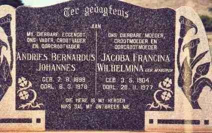 JAARSVELD Andries Bernardus Johannes, van 1899-1978 &amp; Jacoba Francina Wilhelmina MYBURGH 1904-1977