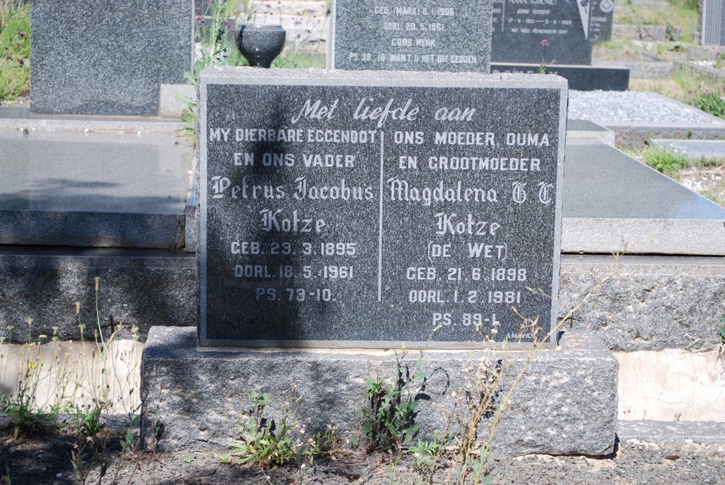 KOTZE Petrus Jacobus 1895-1961 &amp; Magdalena G.T. nee DE WET 1898-1981