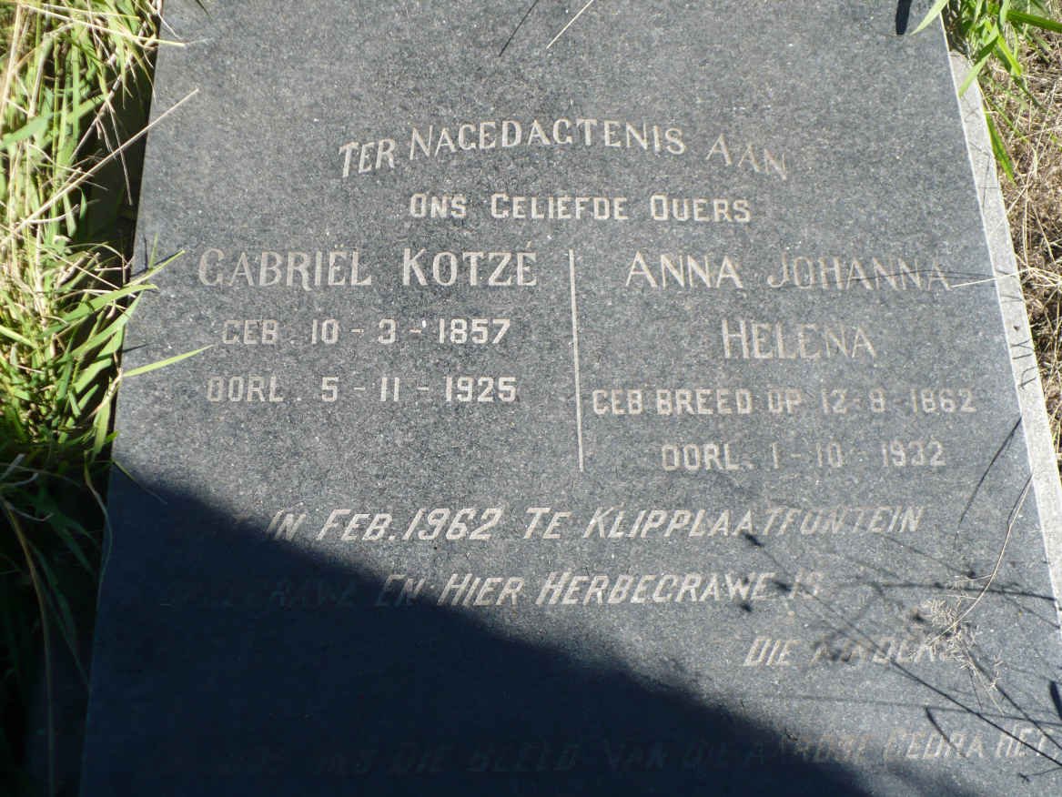 KOTZÉ Gabriël 1857-1925 &amp; Anna Johanna Helena BREED 1862-1932