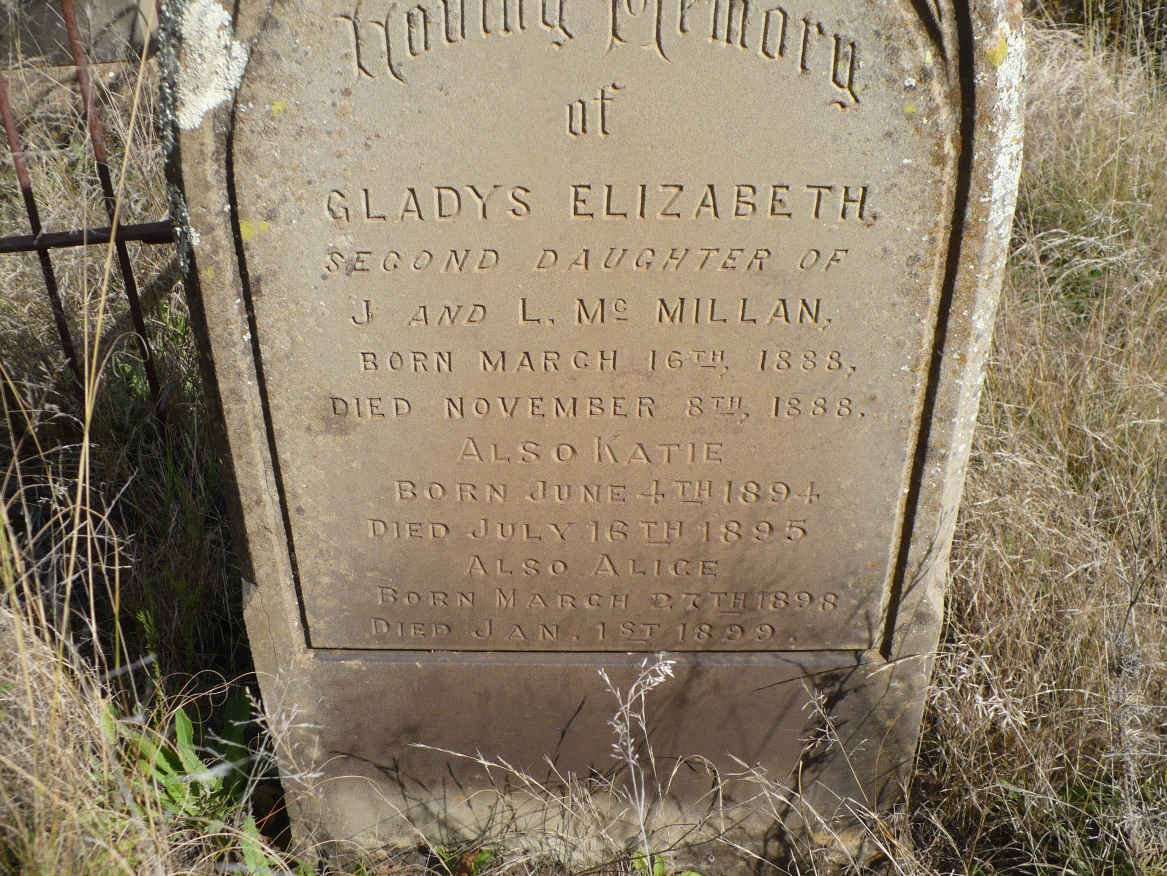 McMILLAN Gladys Elizabeth 1888-1888 :: McMILLAN Katie 1894-1895 :: McMILLAN Alice 1898-1899