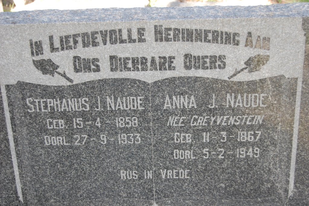 NAUDE Stephanus J. 1858-1933 &amp; Anna J. GREYVENSTEIN 1867-1949