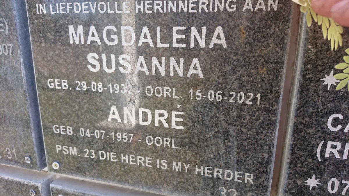 PIENAAR Magdalena Susanna 1932-2021 :: PIENAAR Andre 1957-