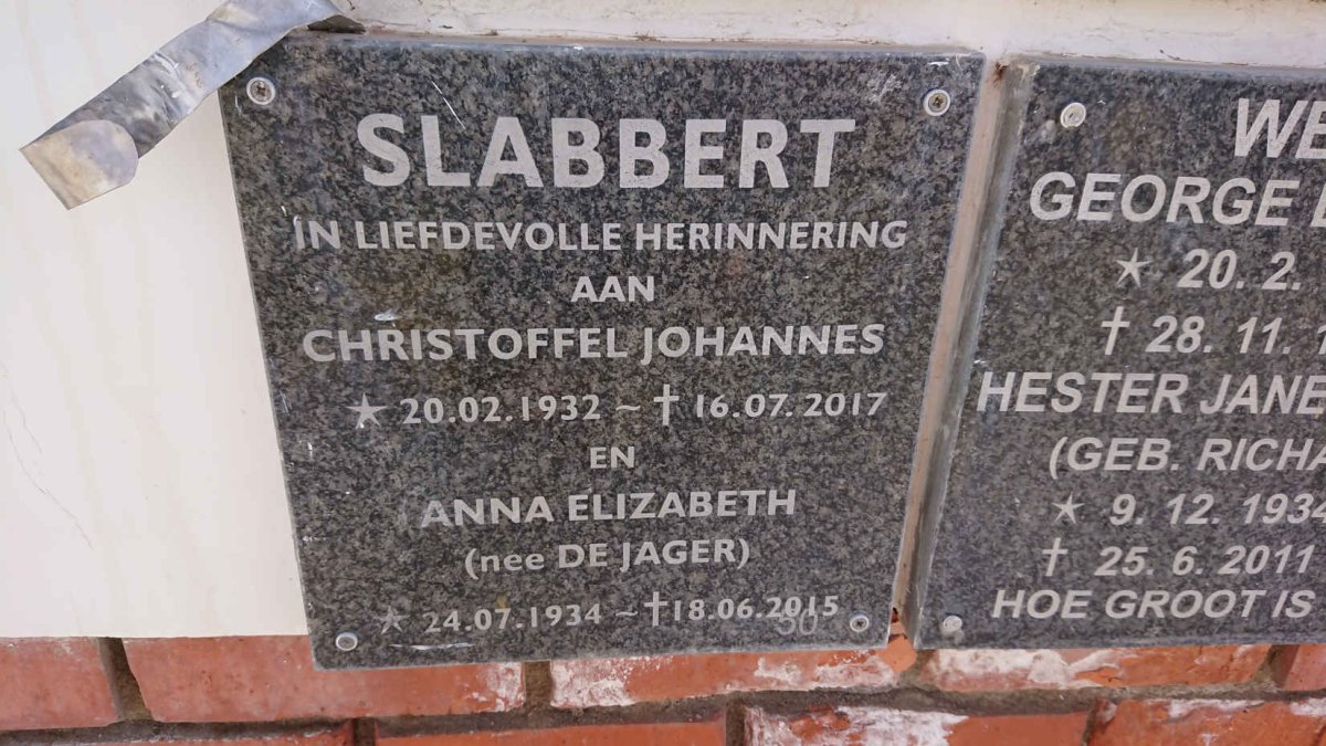 SLABBERT Christoffel Johannes 1932-2017 &amp; Anna Elizabeth DE JAGER 1934-2015