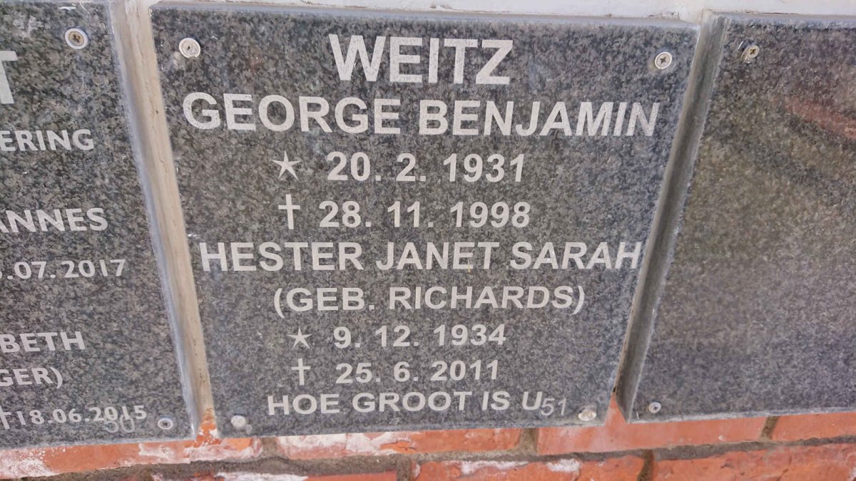WEITZ George Benjamin 1931-1998 &amp; Hester Janet Sarah RICHARDS 1934-2011