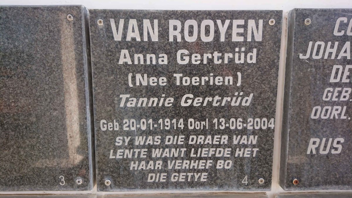 ROOYEN Anna Gertrud nee TOERIEN 1914-2004