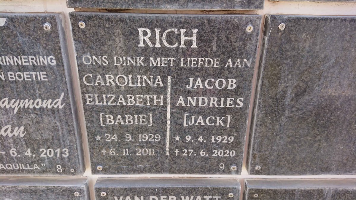 RICH Jacob Andries 1929-2020 &amp; Carolina Elizabeth 1929-2011