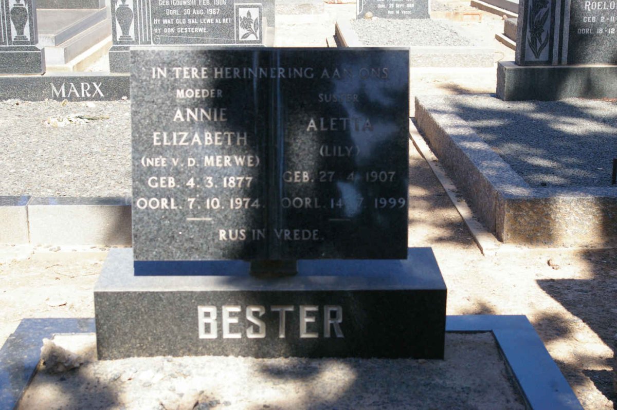 BESTER Annie Elizabeth nee V.D. MERWE 1877-1974 :: BESTER Aletta 1907-1999