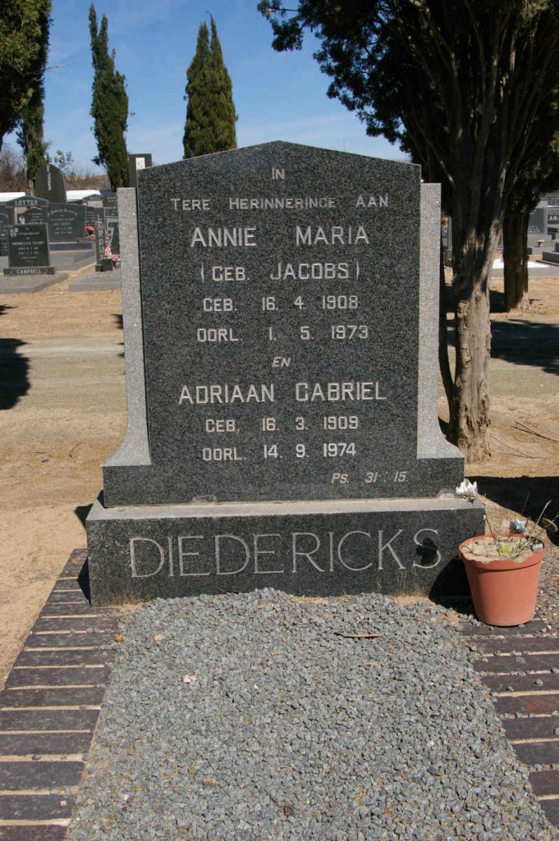 DIEDERICKS Adriaan Gabriel 1909-1974 &amp; Annie Maria JACOBS 1908-1973