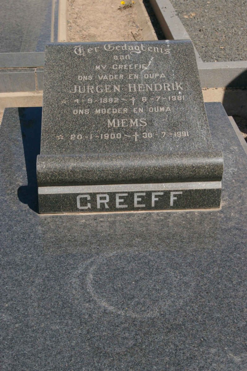 GREEFF Jurgen Hendrik 1882-1981 &amp; Miems 1900-1991