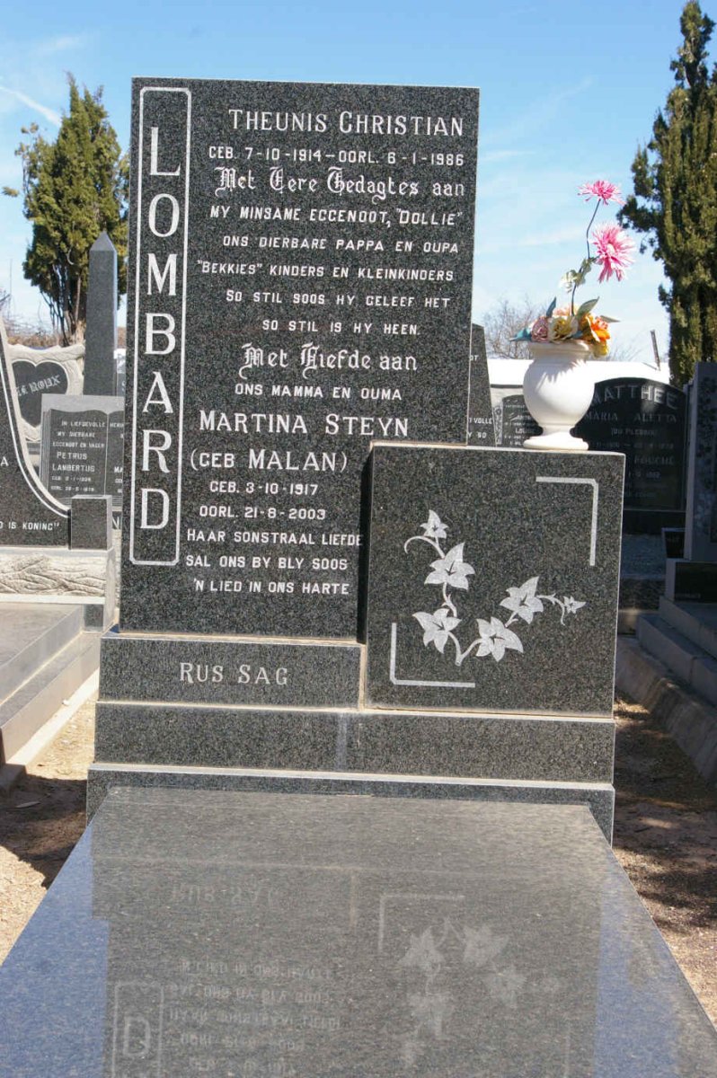 LOMBARD Theunis Christian 1914-1986 &amp; Martina STEYN nee MALAN 1917-2003
