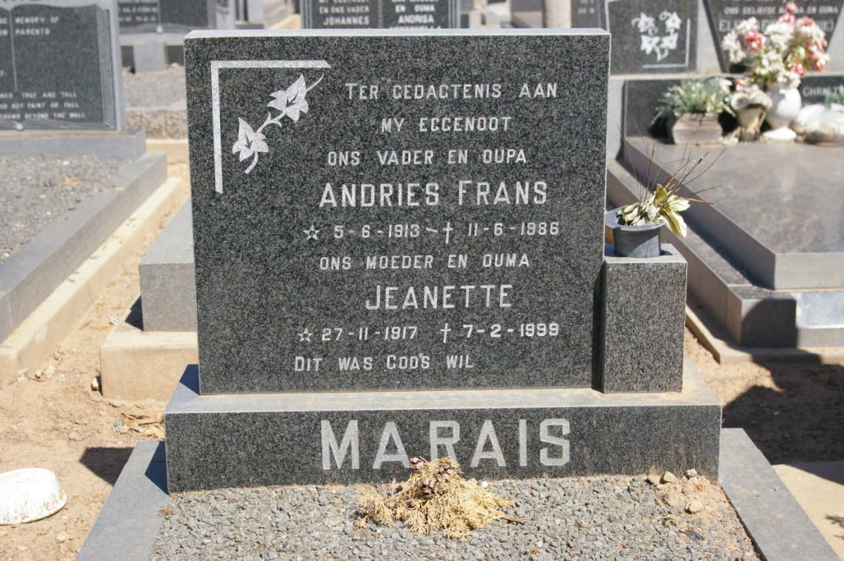 MARAIS Andries Frans 1913-1986 &amp; Jeanette 1917-1999