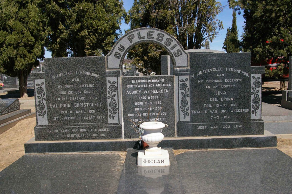 PLESSIS Salidoor Christoffel, du 1931-1987 &amp; Rina BRONN 1931-1971 :: VAN HEERDEN Audrey nee WEBB 1930-1998