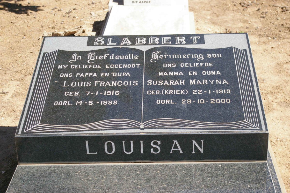 SLABBERT Louis Francois 1916-1998 &amp; Susarah Maryna KRIEK 1919-2000