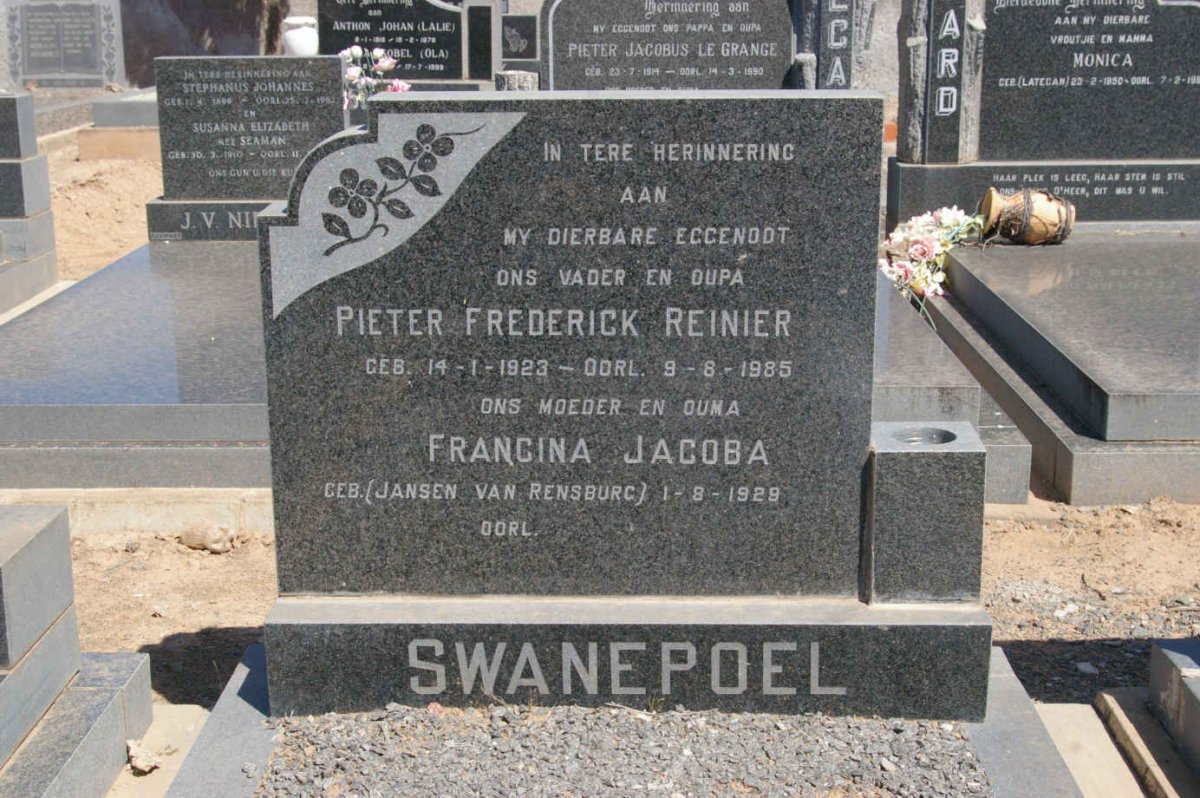 SWANEPOEL Pieter Frederick Reinier 1923-1985 &amp; Francina Jacoba JANSEN VAN RENSBURG 1929-