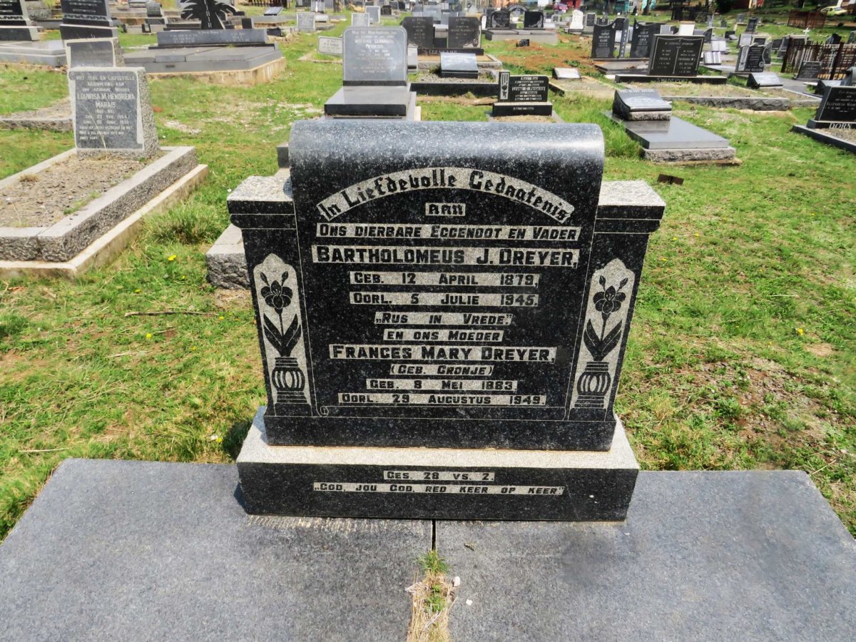 DREYER Bartolomeus J. 1879-1945 &amp; Frances Mary CRONJE 1883-1949