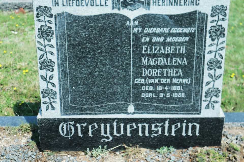 GREYVENSTEIN Elizabeth Magdalena Dorethea nee VAN DER MERWE 1881-1956