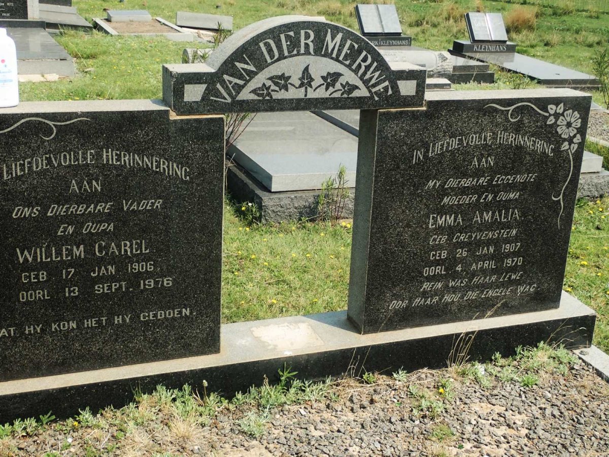 MERWE Willem Carel, van der 1906-1976 &amp; Emma Amalia GREYVENSTEIN 1907-1970