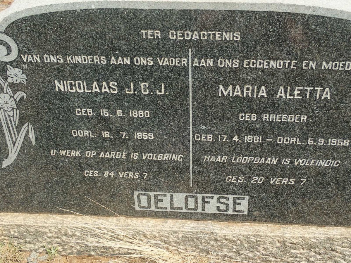 OELOFSE Nicolaas J.C.J. 1880-1959 &amp; Maria Aletta RHEEDER 1881-1958